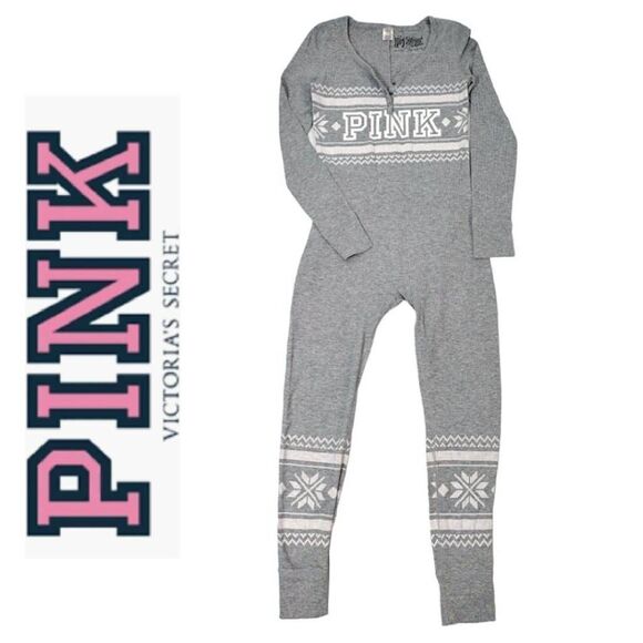 VS PINK Thermal Onesie Pajama M Grey Fair Isle Drop Seat 2016 Limited Rare - Picture 3 of 12